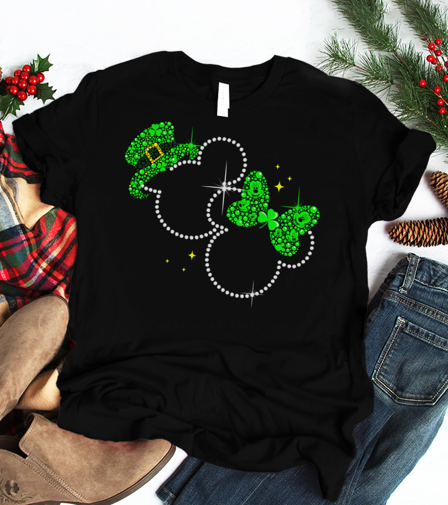 Mickey Minnie St. Patrick's Day Sparkling Green Hat And Bow T-Shirt