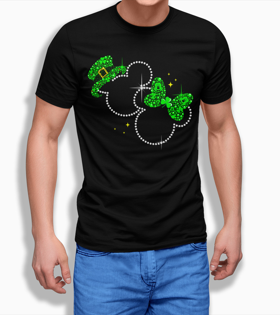 Mickey Minnie St. Patrick's Day Sparkling Green Hat And Bow T-Shirt