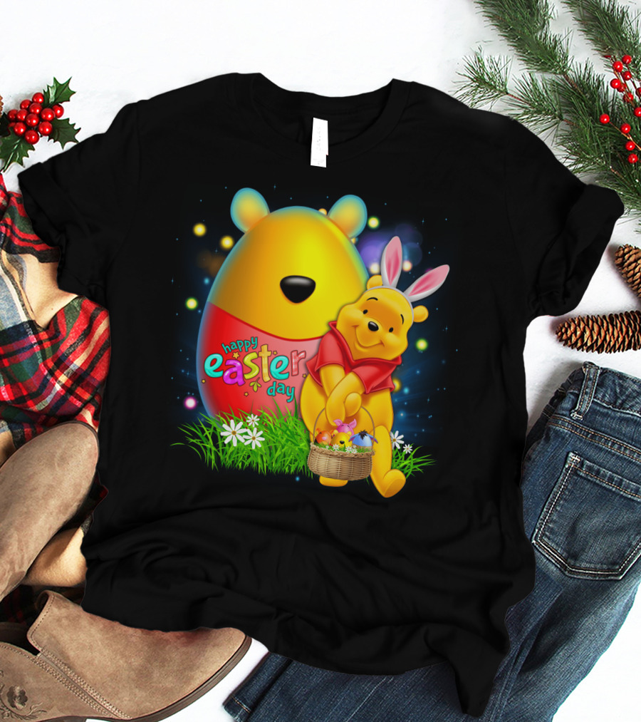 Happy Easter Day Pooh With Basket And Bunny Ears T-Shirt