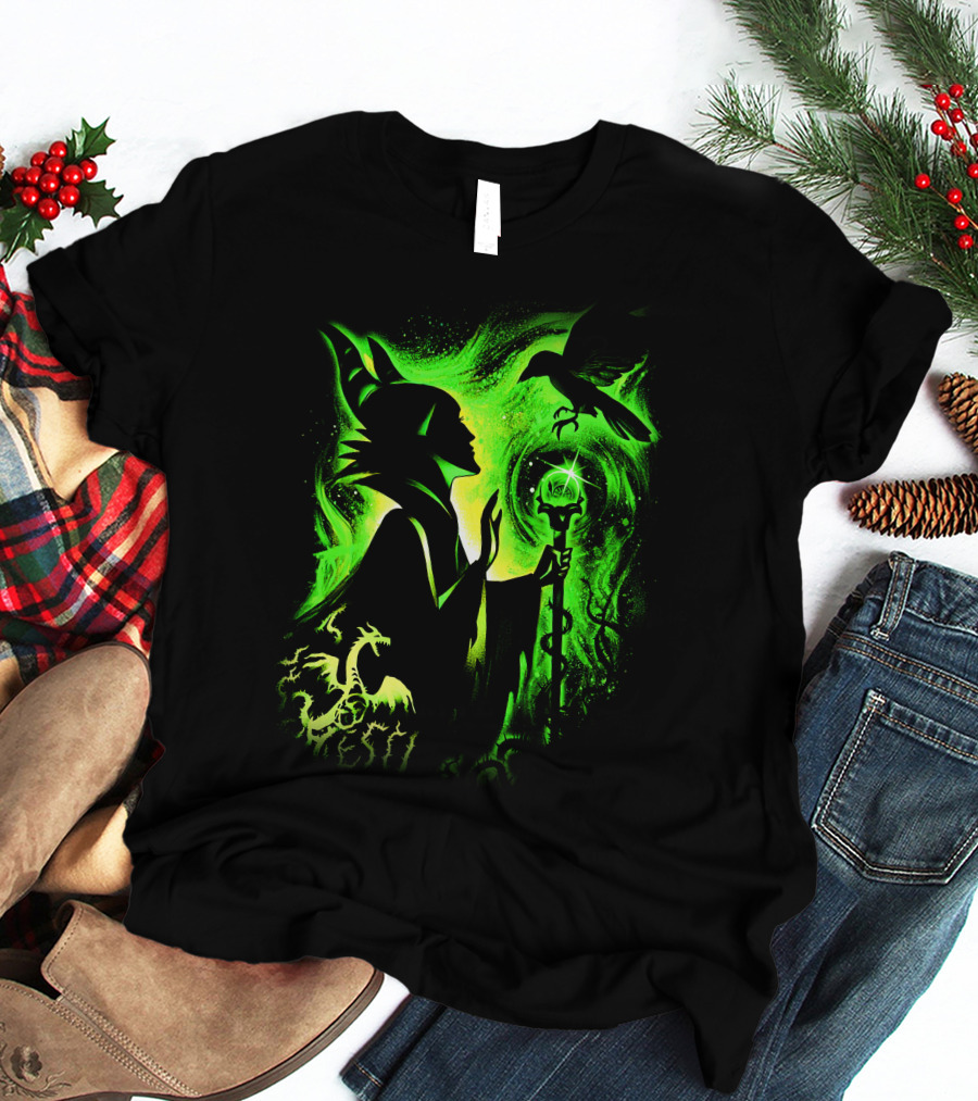 Maleficent 3 Dragon Silhouette And Green Magic Staff Scene T-Shirt