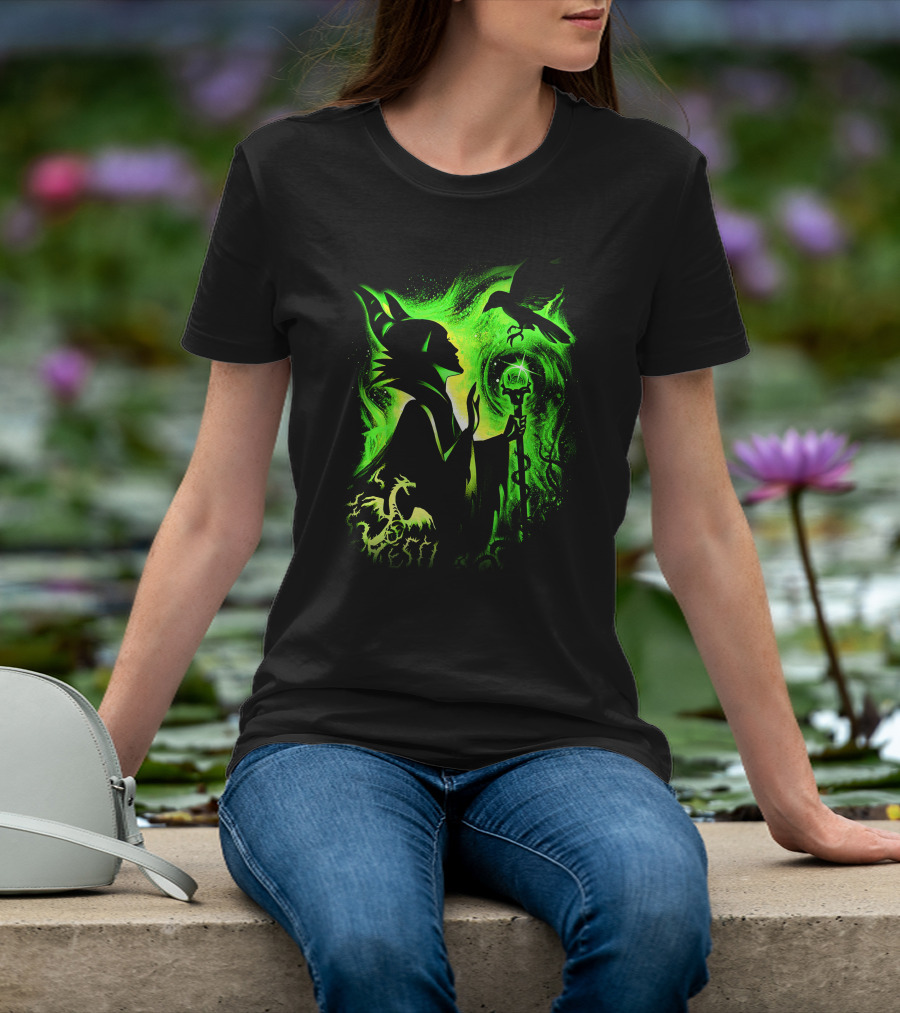 Maleficent 3 Dragon Silhouette And Green Magic Staff Scene T-Shirt