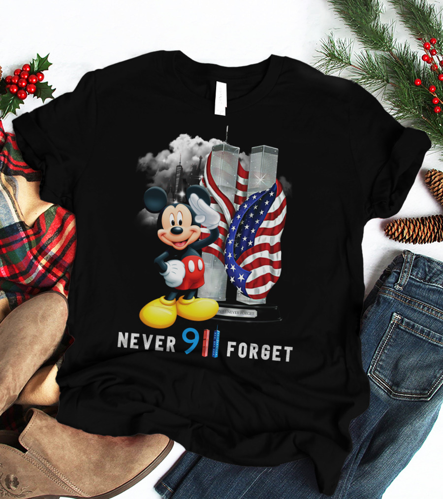 Never 9/11 Forget Mickey Twin Towers American Flag T-Shirt