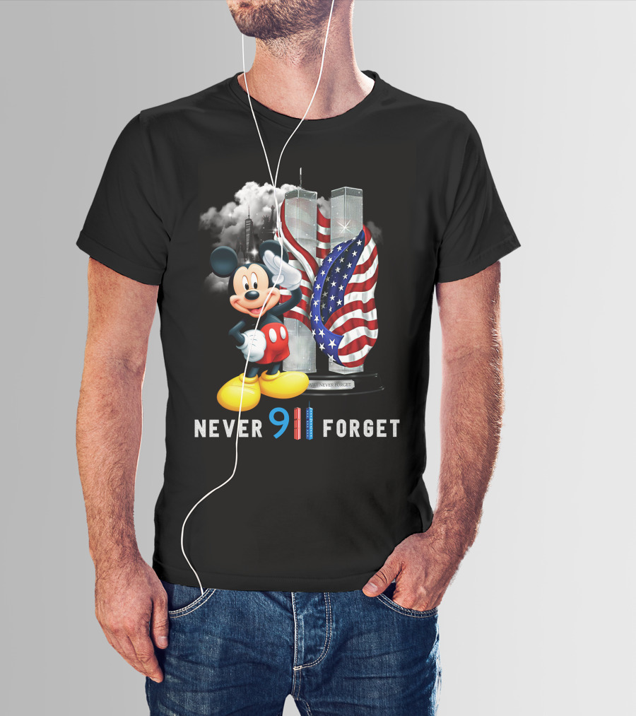Never 9/11 Forget Mickey Twin Towers American Flag T-Shirt