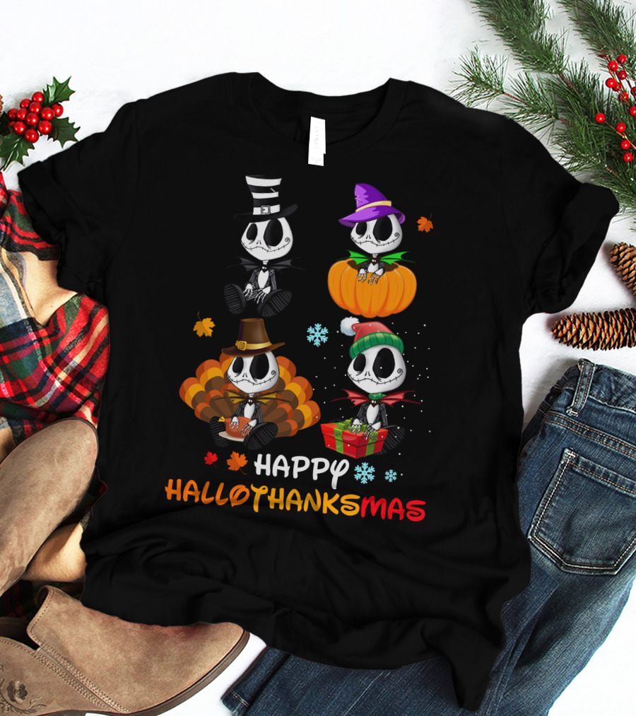 Happy Hallothanksmas Jack Skellington Halloween Thanksgiving Christmas T-Shirt