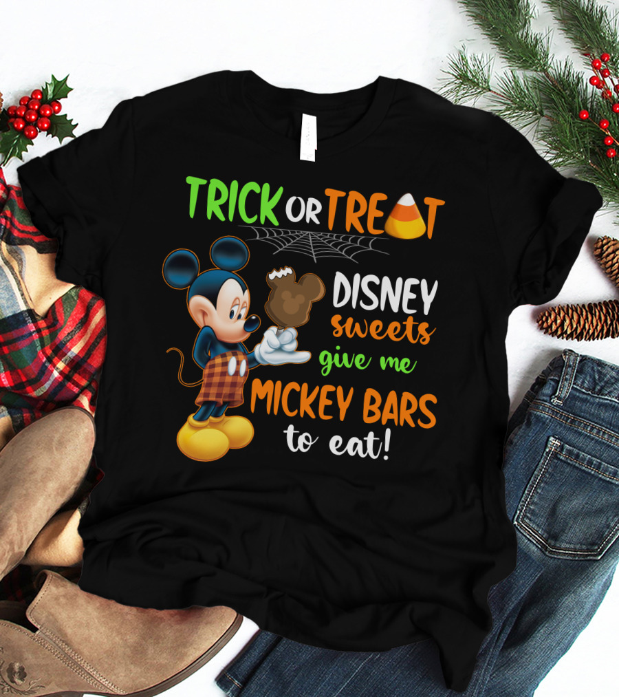Trick Or Treat Disney Sweets Give Me Mickey Bars To Eat Candy Corn And Spiderweb With Mickey Mouse Eating Chocolate Ice Cream T-Shirt