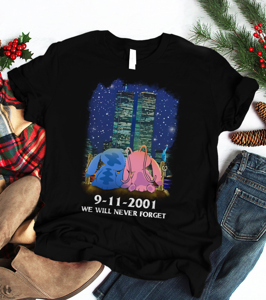 Stitch & Angel-D 9-11-2001 We Will Never Forget Memorial Twins T-Shirt
