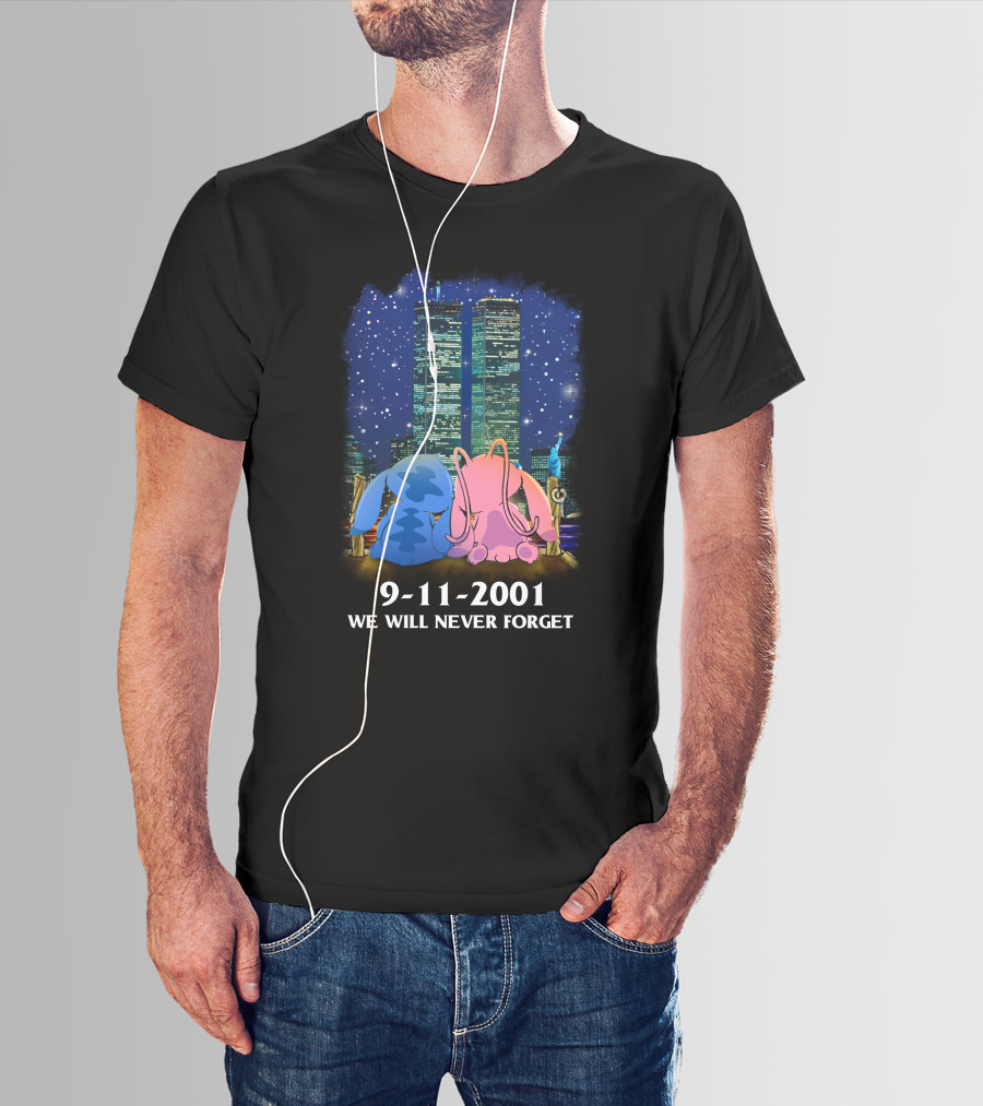 Stitch & Angel-D 9-11-2001 We Will Never Forget Memorial Twins T-Shirt