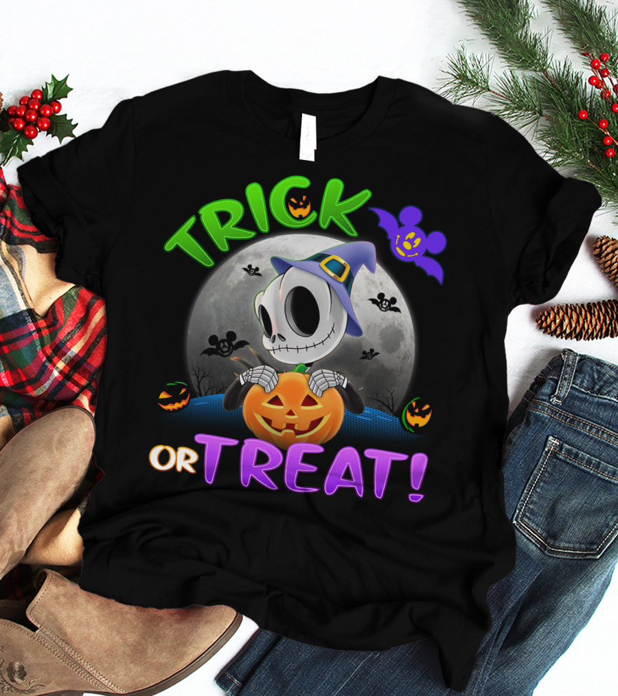 Trick Or Treat Jack Skellington In Halloween Moon With Pumpkins And Purple Bat T-Shirt