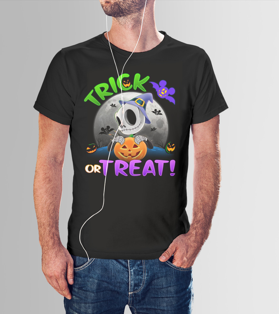 Trick Or Treat Jack Skellington In Halloween Moon With Pumpkins And Purple Bat T-Shirt