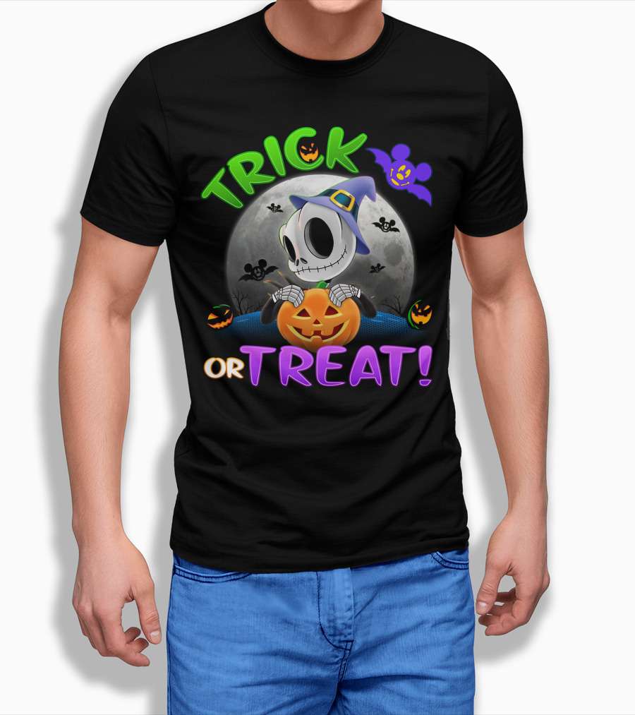 Trick Or Treat Jack Skellington In Halloween Moon With Pumpkins And Purple Bat T-Shirt
