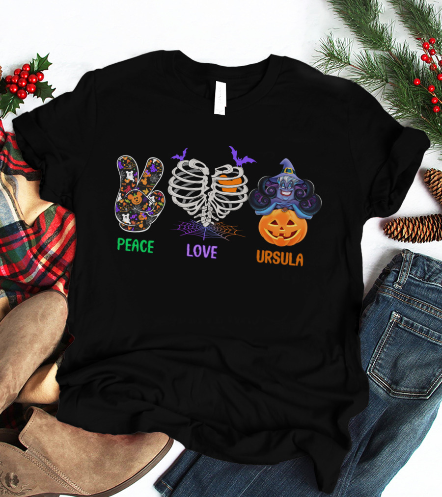 Peace Love Ursula Halloween Pumpkin Bat Skeleton T-Shirt