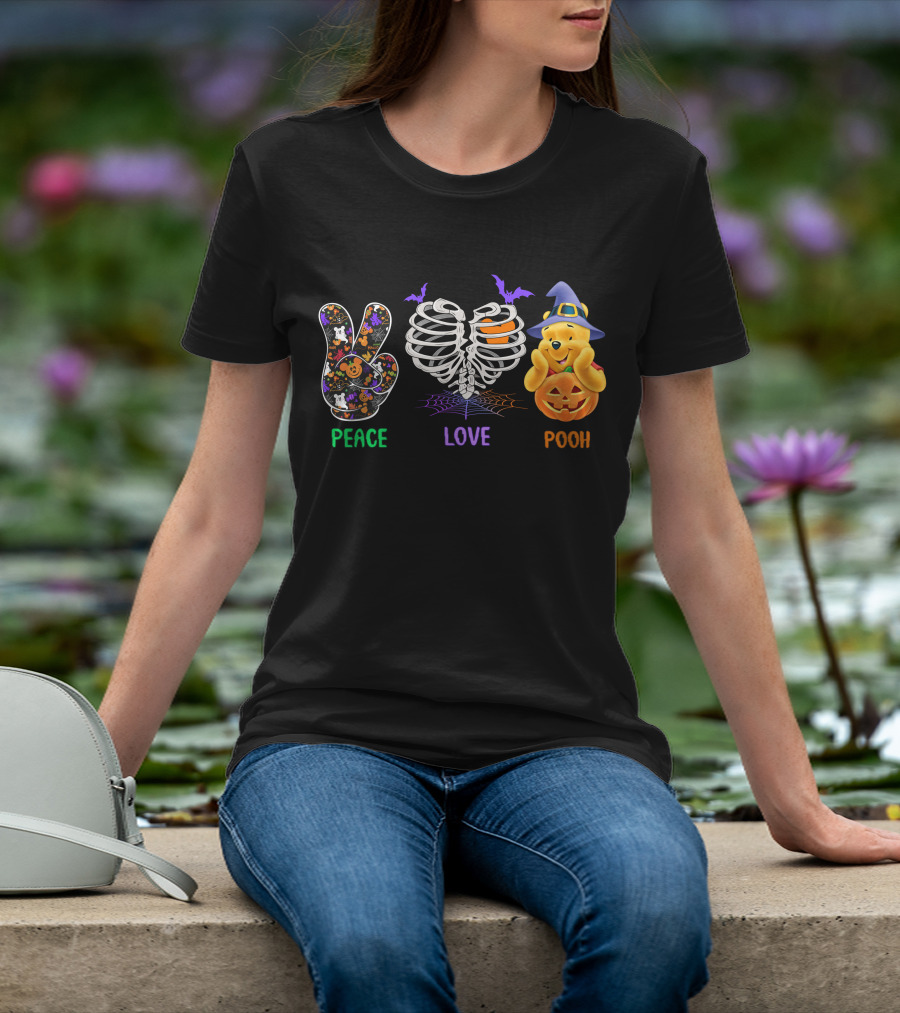 Peace Love Pooh Halloween Pumpkin Skeleton Ribs T-Shirt