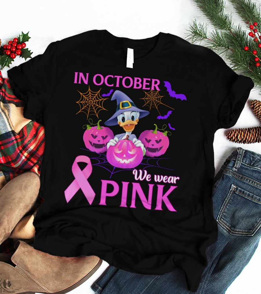 In October We Wear Pink Daisy D Breast Cancer Awareness Halloween Theme T-Shirt