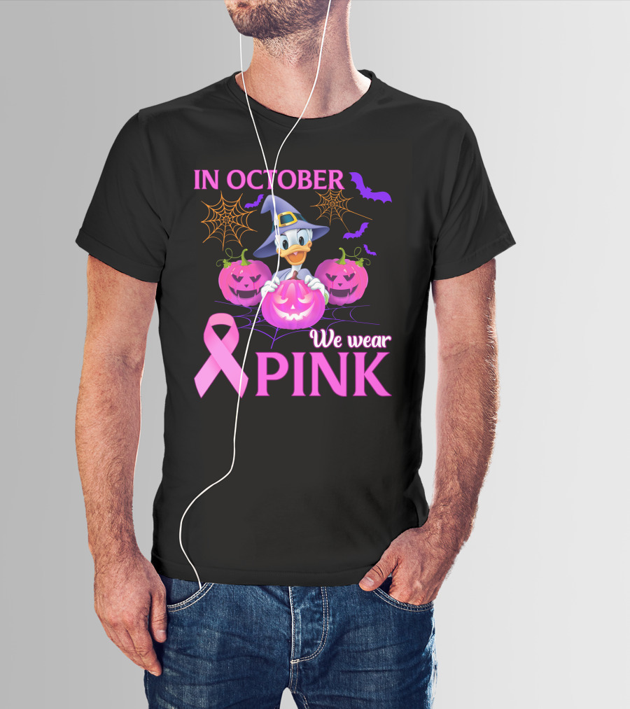 In October We Wear Pink Daisy D Breast Cancer Awareness Halloween Theme T-Shirt