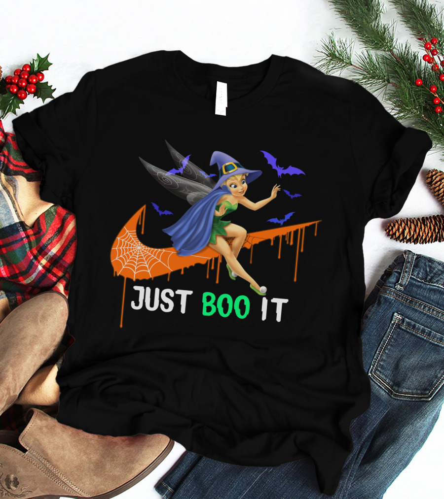 Just Boo It Tinker Bell Witch Halloween Bats Spiderweb T-Shirt
