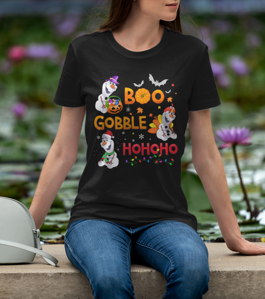 Boo Gobble Hohoho Olaf Halloween Thanksgiving Christmas T-Shirt