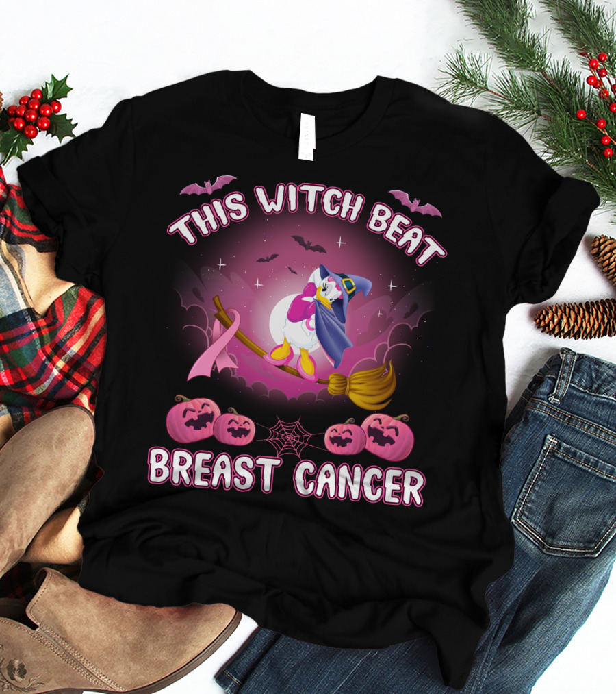 This Witch Beat Breast Cancer Daisy D Broom Pink Ribbon Pumpkins Bat Night Sky T-Shirt