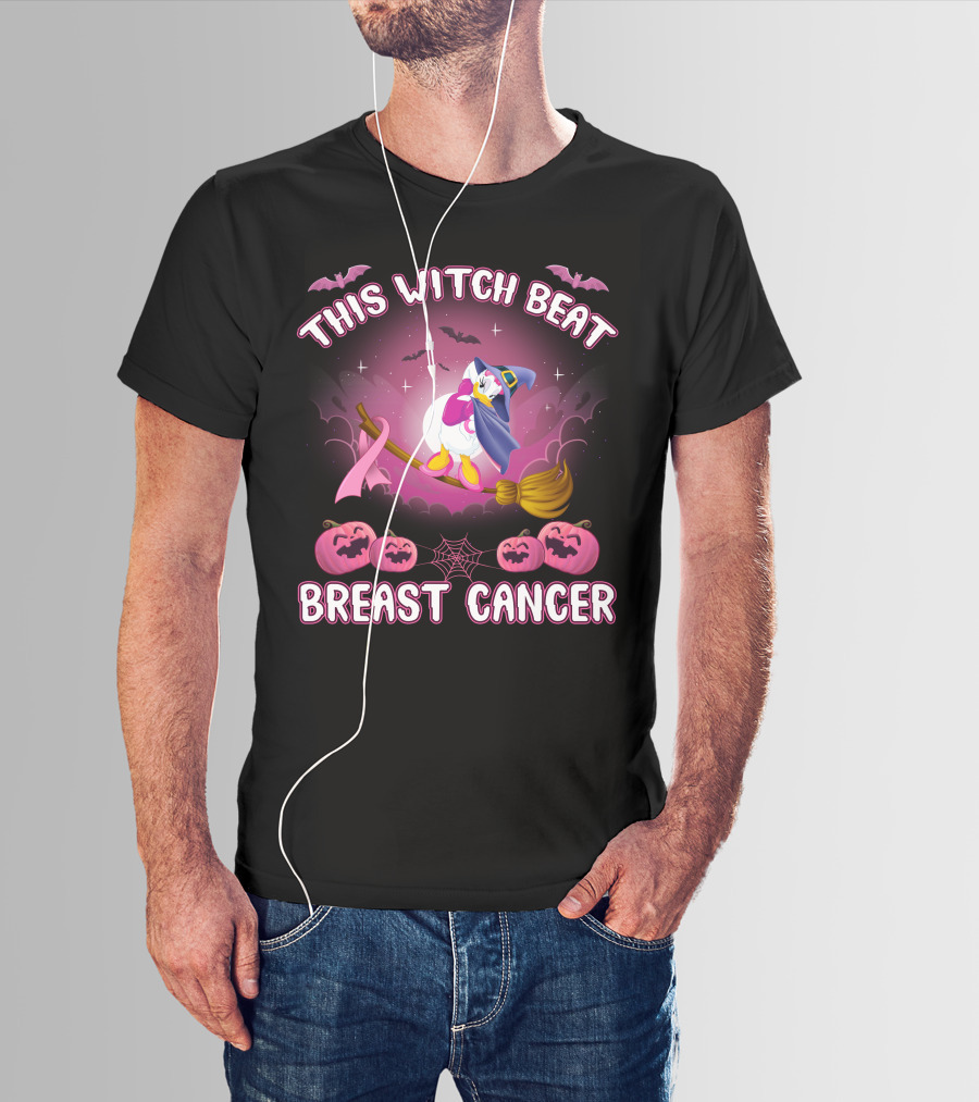 This Witch Beat Breast Cancer Daisy D Broom Pink Ribbon Pumpkins Bat Night Sky T-Shirt