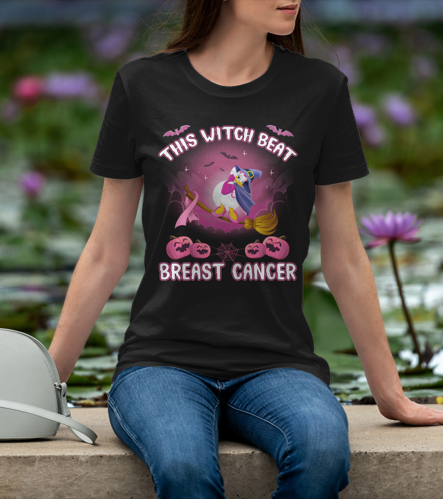 This Witch Beat Breast Cancer Daisy D Broom Pink Ribbon Pumpkins Bat Night Sky T-Shirt