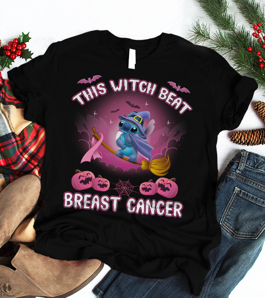 This Witch Beat Breast Cancer Stitch Riding Broom With Pumpkins And Bats T-Shirt