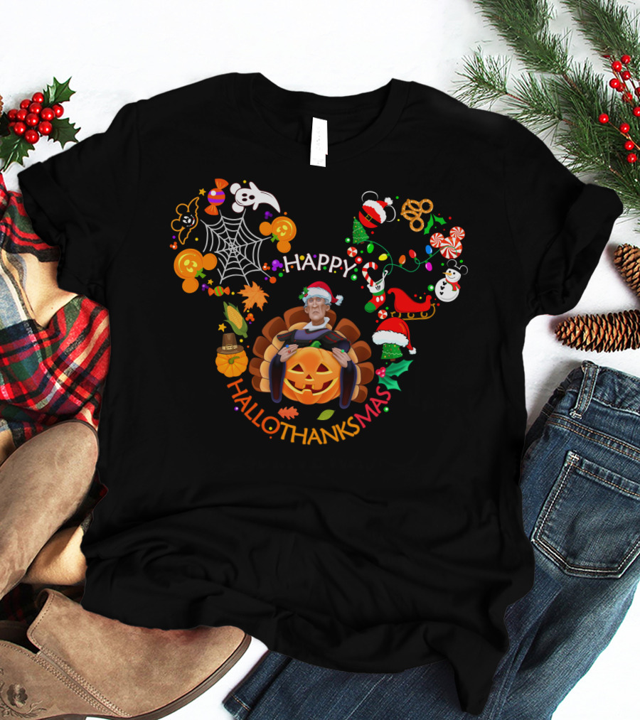 Happy Hallothanksmas Claude Frollo Pumpkin Santa Spiderweb Snowman T-Shirt