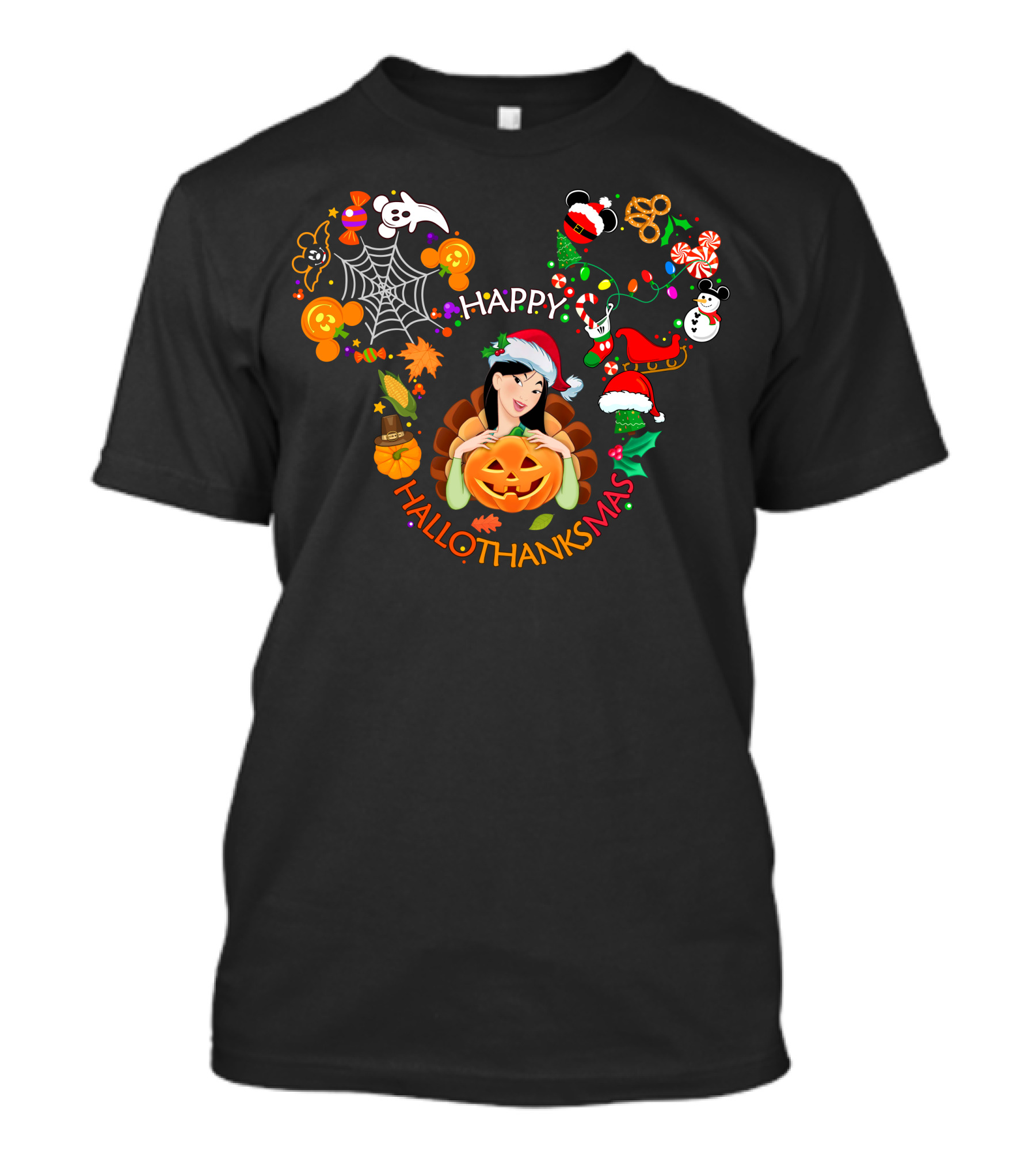 Happy Hallothanksmas Mickey Ears With Mulan And Holiday Icons T-Shirt