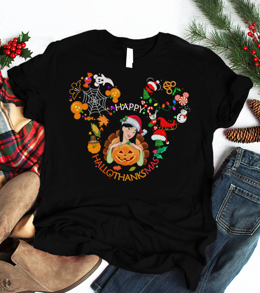 Happy Hallothanksmas Mickey Ears With Mulan And Holiday Icons T-Shirt