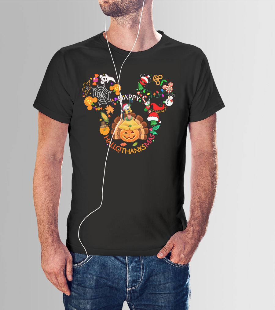 Mickey Mouse Ears Halloween Thanksgiving Christmas Pluto Happy Hallothanksmas T-Shirt