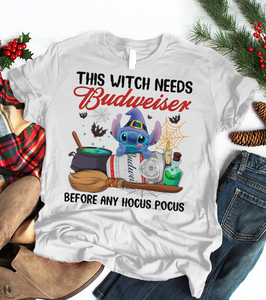 This Witch Needs Budweiser Before Any Hocus Pocus Stitch T-Shirt