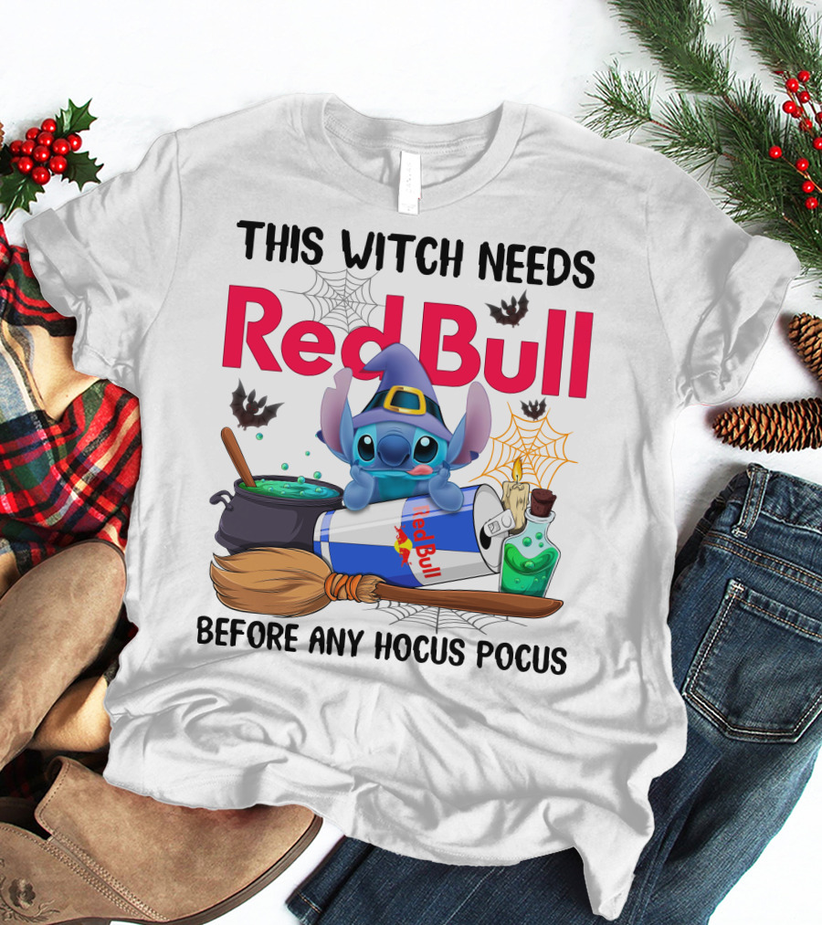 This Witch Needs Red Bull Before Any Hocus Pocus Stitch Wearing Witch Hat With Red Bull Can Cauldron And Spell Book T-Shirt