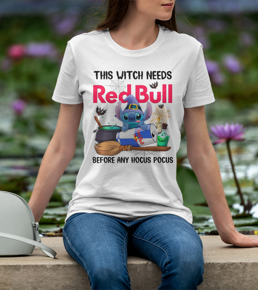 This Witch Needs Red Bull Before Any Hocus Pocus Stitch Wearing Witch Hat With Red Bull Can Cauldron And Spell Book T-Shirt