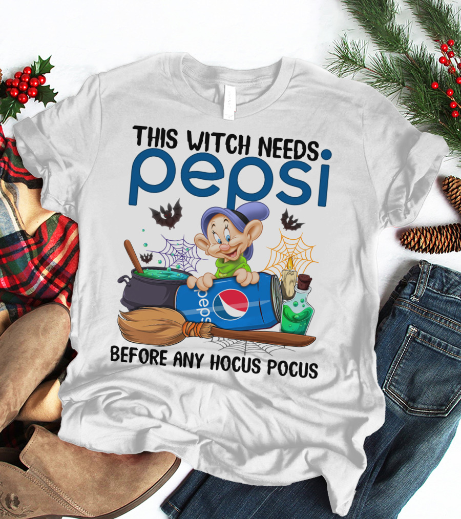 This Witch Needs Pepsi Before Any Hocus Pocus Dopey Cauldron Bats T-Shirt