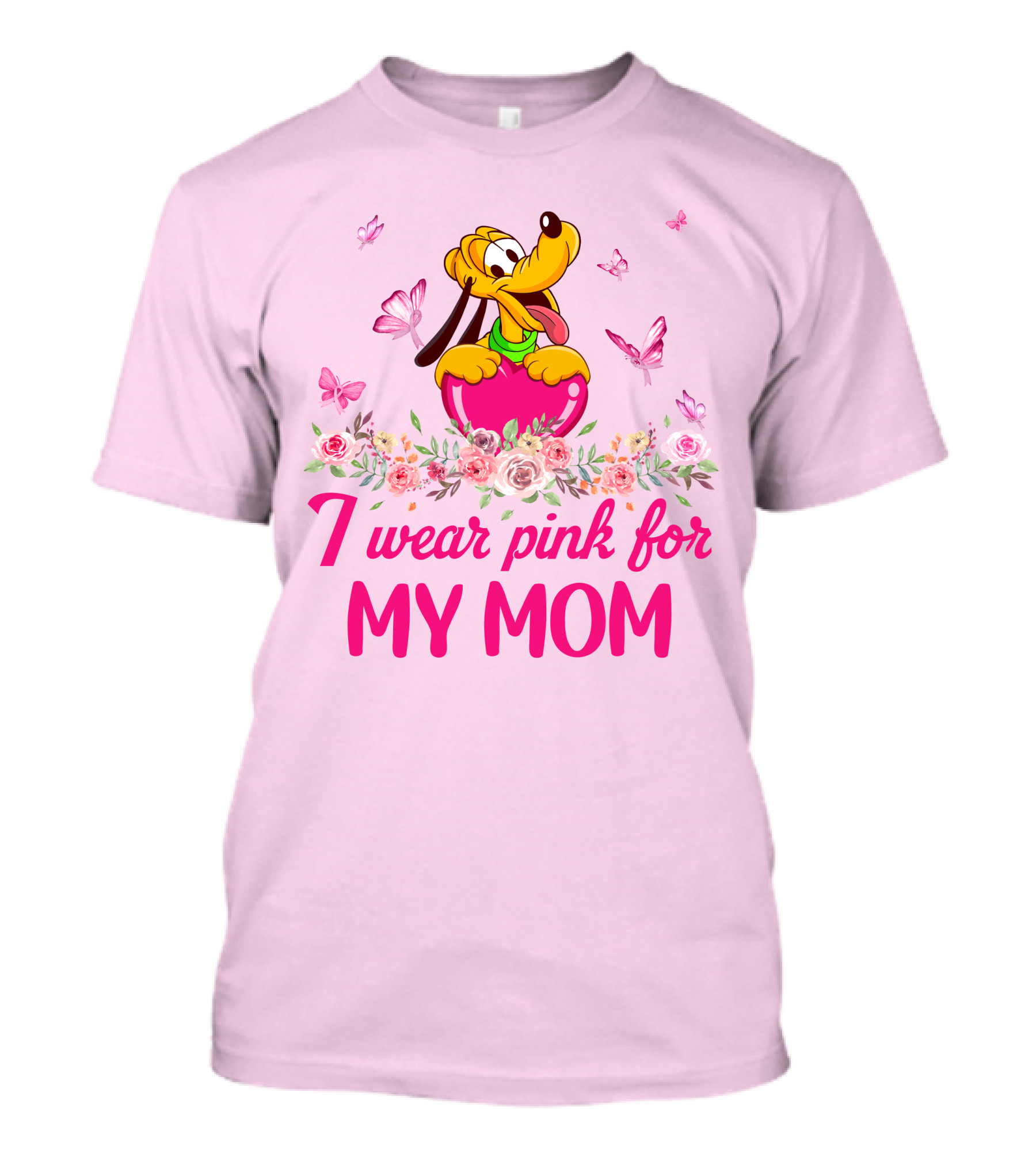 I Wear Pink For My Mom Pluto Floral Butterflies T-Shirt