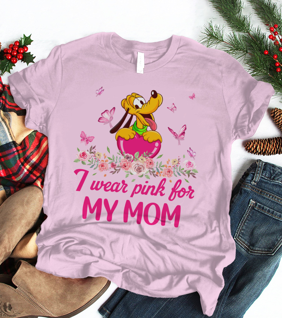 I Wear Pink For My Mom Pluto Floral Butterflies T-Shirt