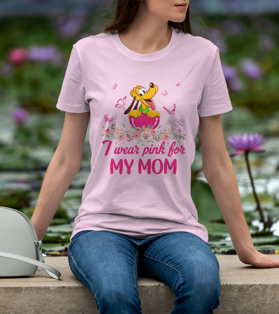 I Wear Pink For My Mom Pluto Floral Butterflies T-Shirt
