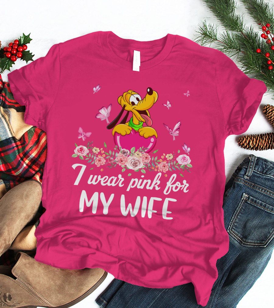 I Wear Pink For My Wife Pluto Butterfly And Floral T-Shirt
