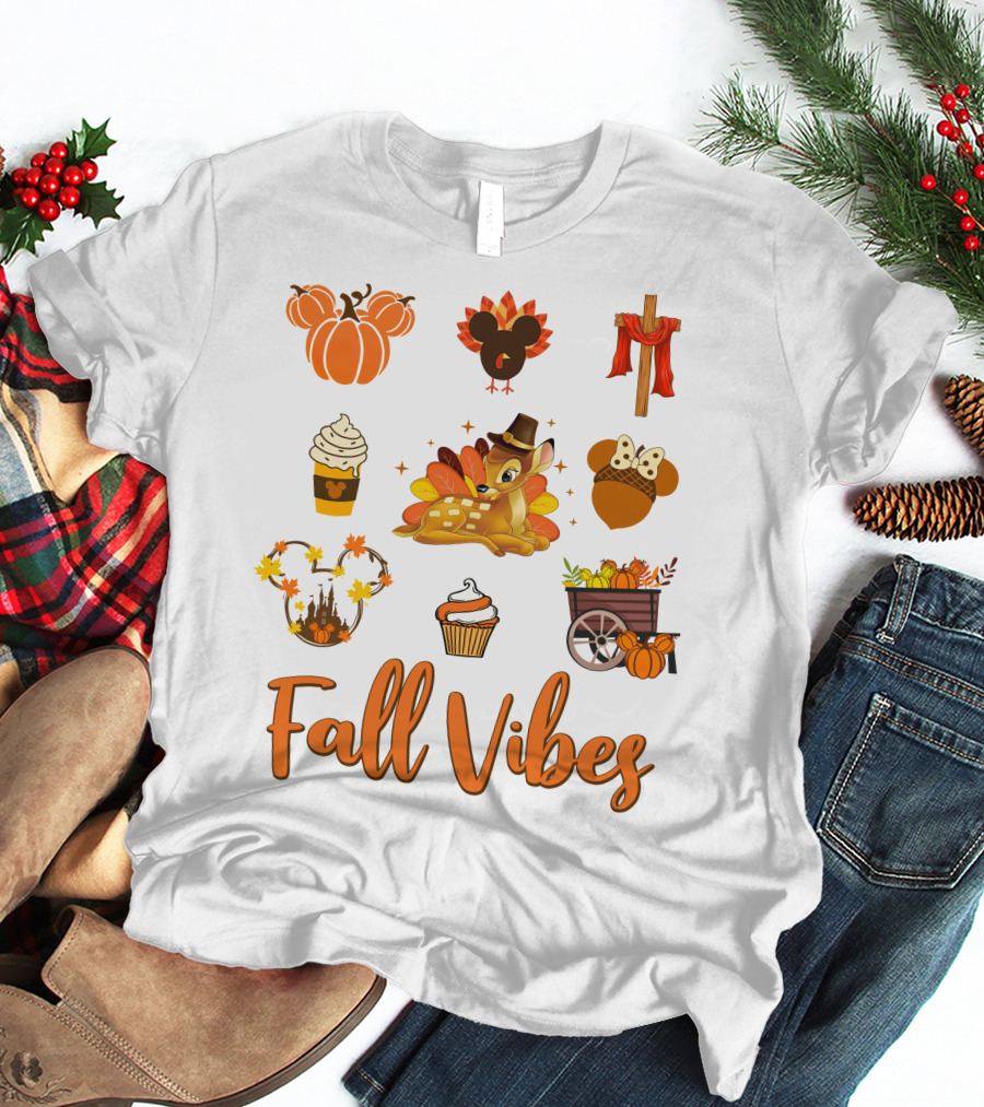 Fall Vibes Bambi Pumpkin Coffee Castle Mickey Ears Thanksgiving T-Shirt