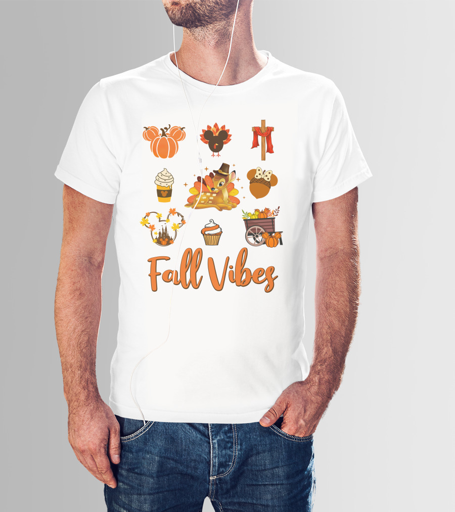 Fall Vibes Bambi Pumpkin Coffee Castle Mickey Ears Thanksgiving T-Shirt