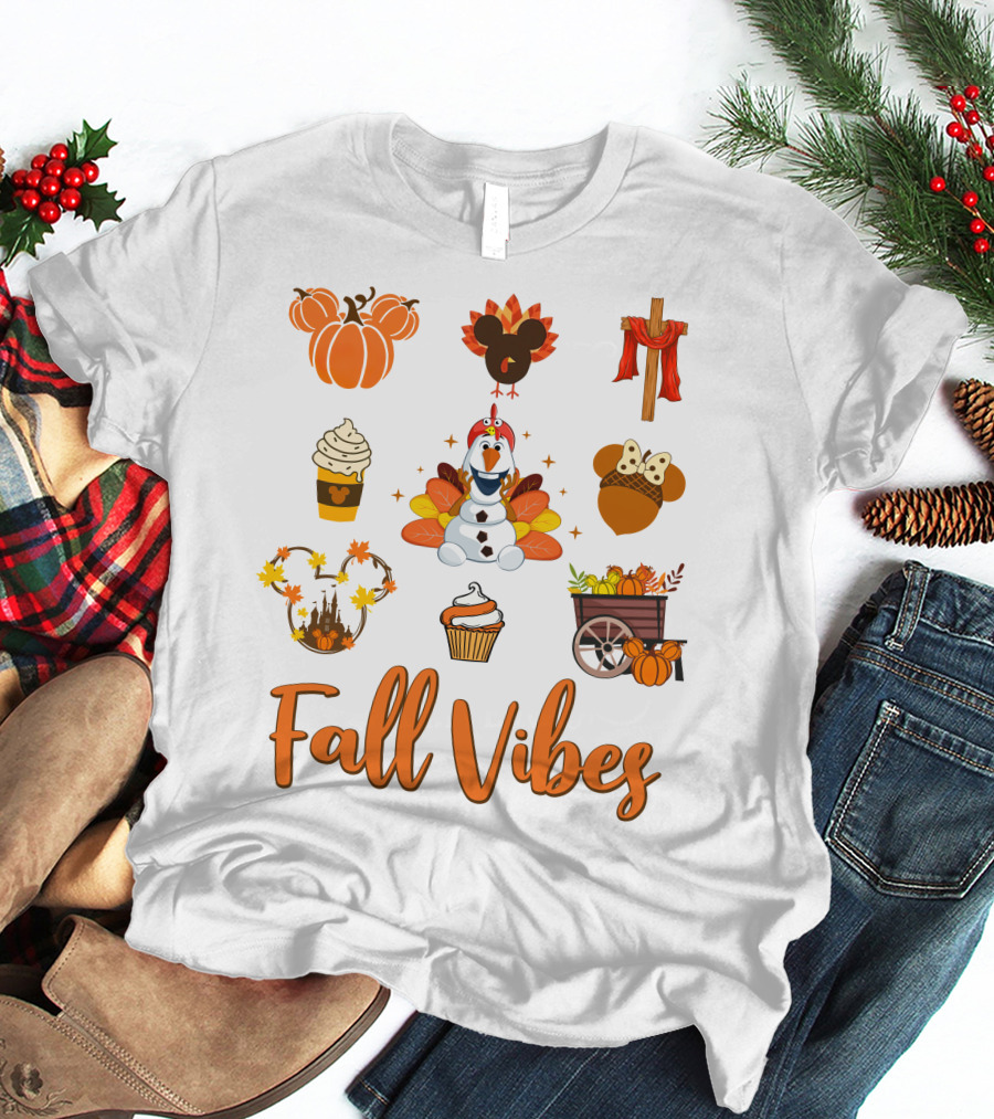 Fall Vibes Olaf Pumpkin Mickey Ears Turkey Cupcake T-Shirt