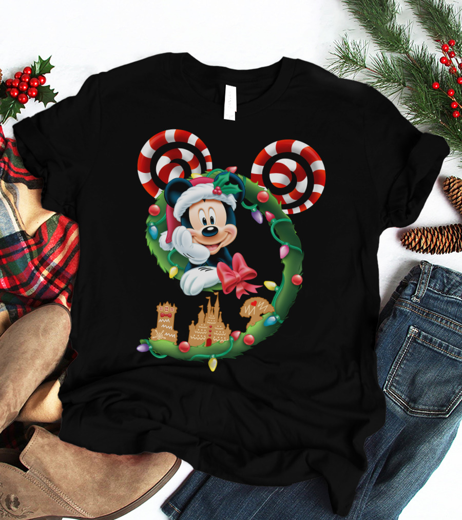 Mickey Mouse Christmas Holiday Wreath Candy Cane Ear Gingerbread House T-Shirt