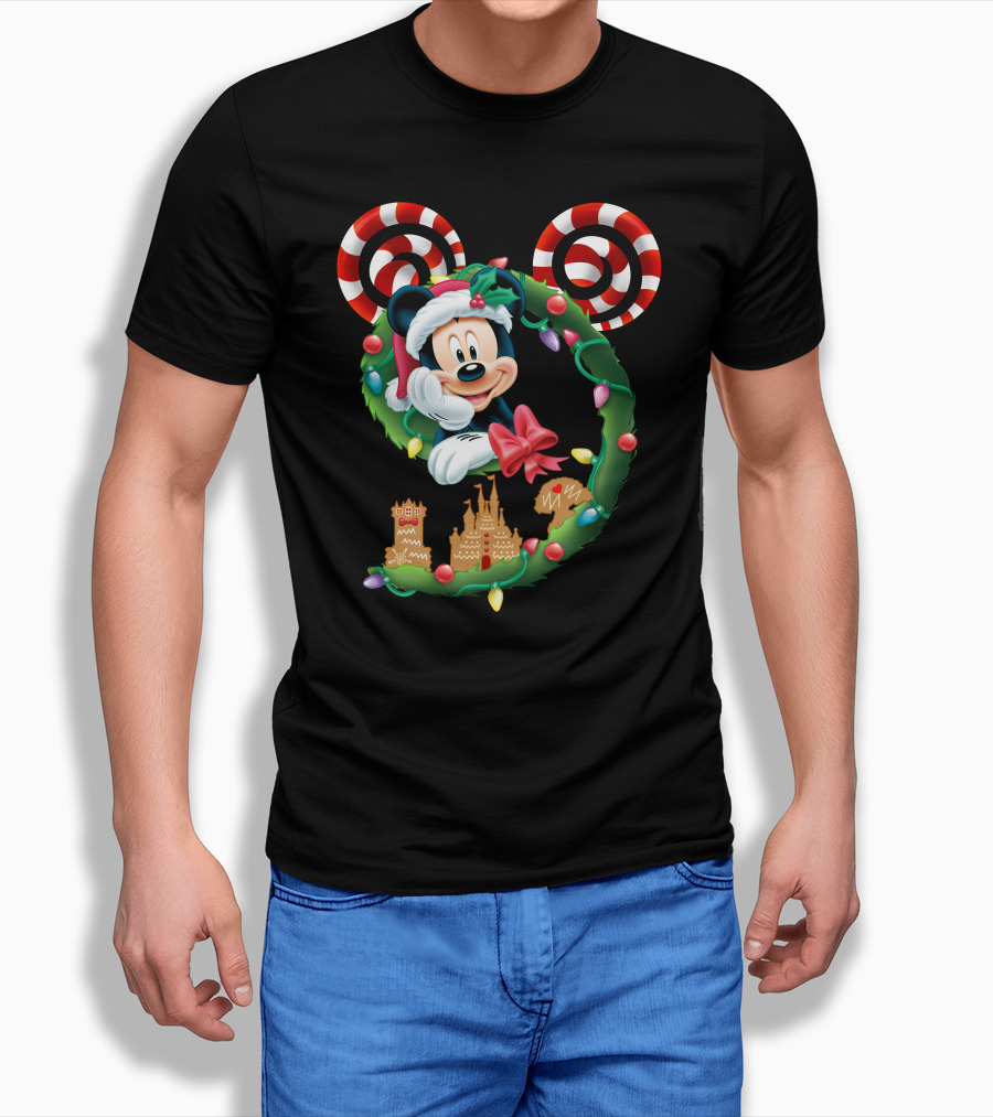 Mickey Mouse Christmas Holiday Wreath Candy Cane Ear Gingerbread House T-Shirt