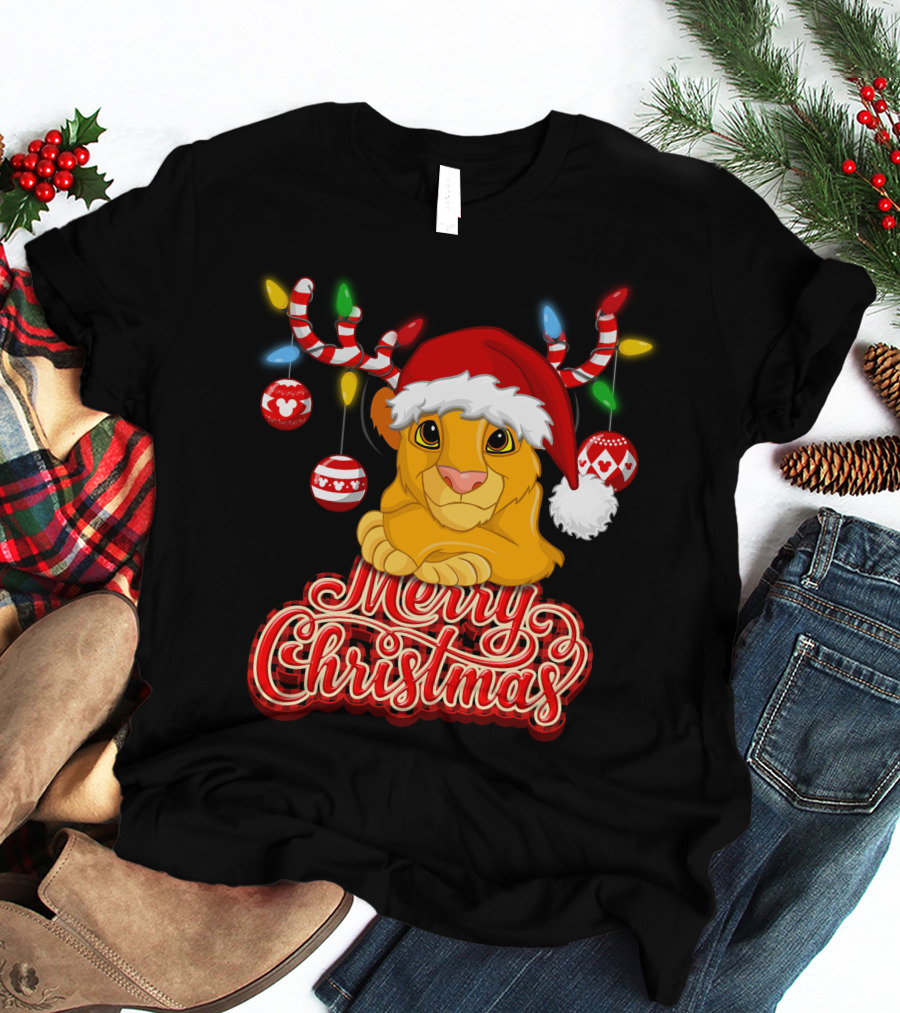 Simba Merry Christmas Santa Hat And Reindeer Antlers T-Shirt