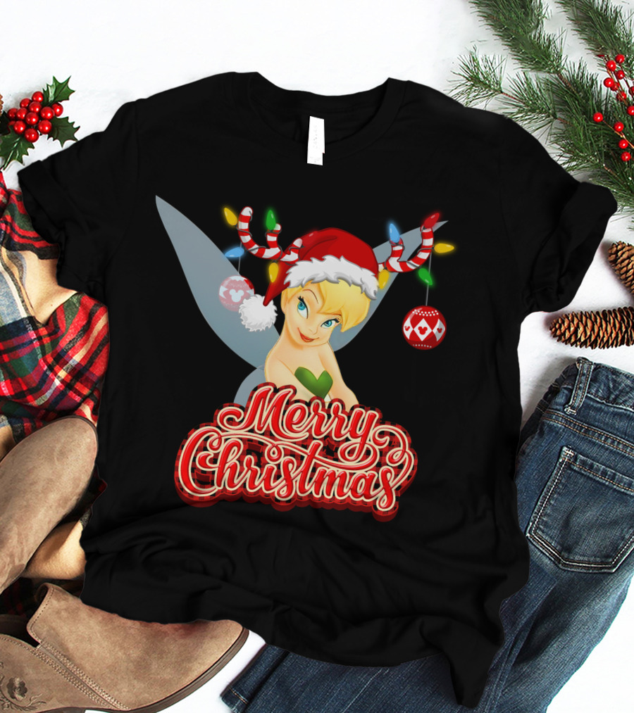 Merry Christmas Tinkerbell Santa Hat Reindeer Antlers Lights Holiday T-Shirt