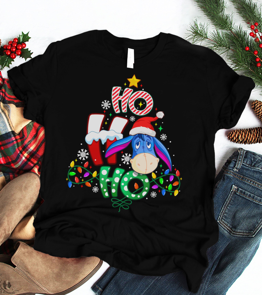 Ho Ho Ho Christmas Eeyore Santa Hat Lights Snowflakes T-Shirt