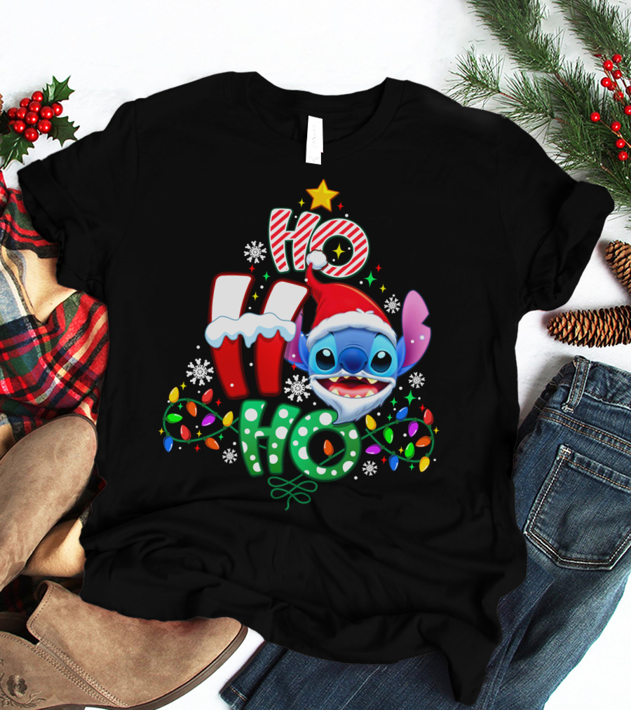 Stitch Ho Ho Ho Christmas Santa Hat Lights Snowflakes T-Shirt