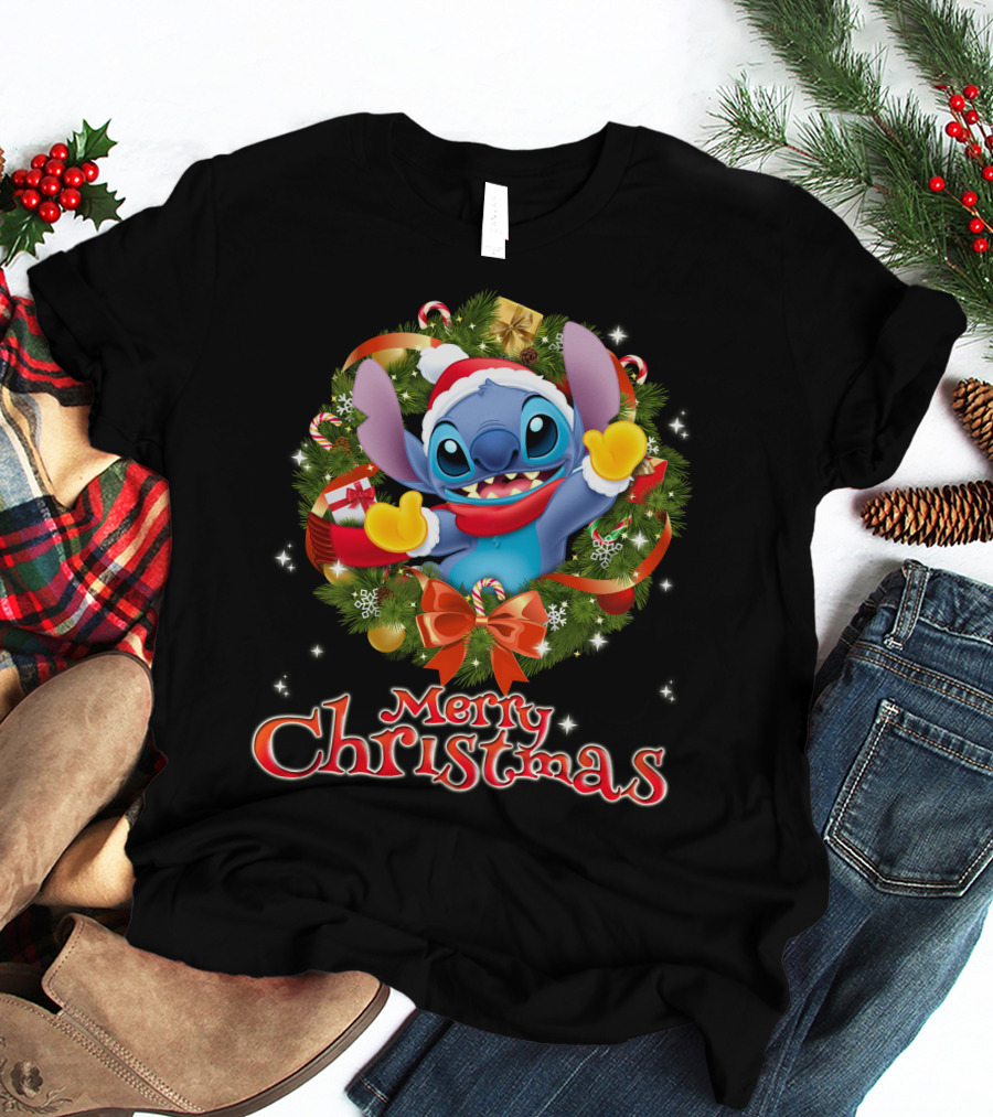 Merry Christmas Stitch Holiday Wreath Santa Hat Candy Cane T-Shirt
