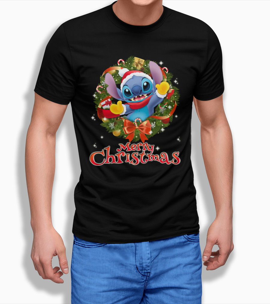 Merry Christmas Stitch Holiday Wreath Santa Hat Candy Cane T-Shirt