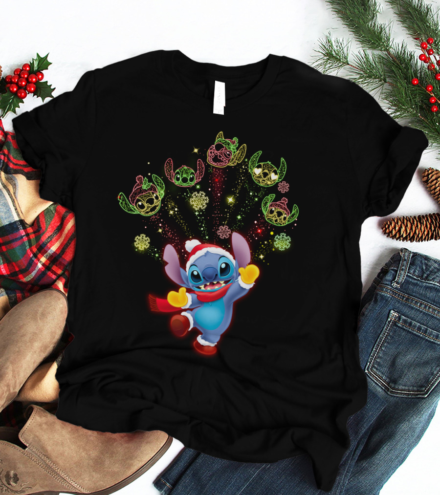 Stitch Holiday Festive Celebration With Santa Hat And Colorful Lights T-Shirt