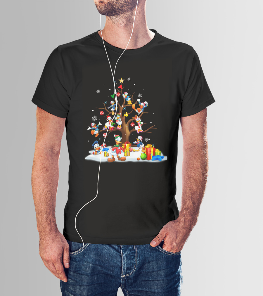 Donald Daisy Christmas Tree With Disney Characters And Snowflakes T-Shirt