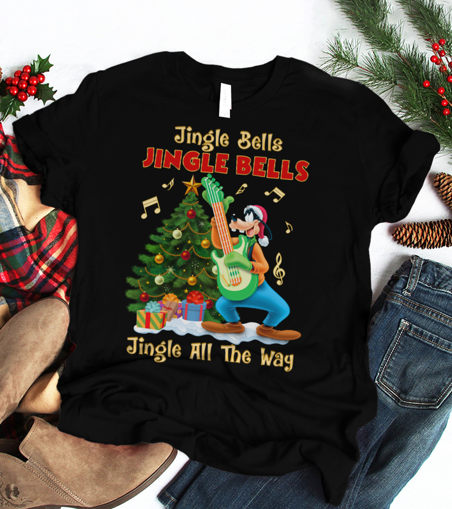 Jingle Bells Jingle Bells Jingle All The Way Goofy Christmas Tree Guitar T-Shirt